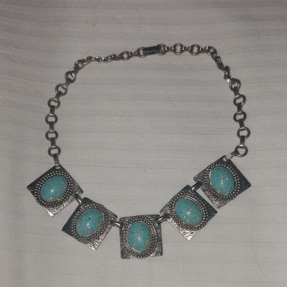 Silver and Blue Square Pendant Necklace with Turquoise Stones